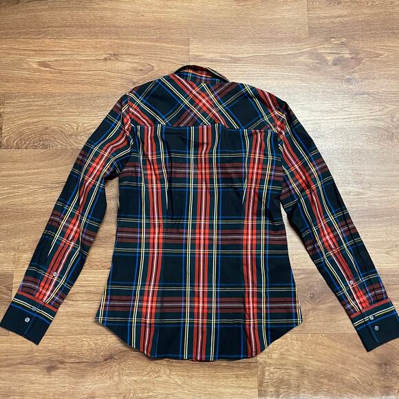 J. Crew Red Black Plaid Womens Curvy Fit Size 2 Button Up Shirt Cotton Stretch - Picture 2 of 6